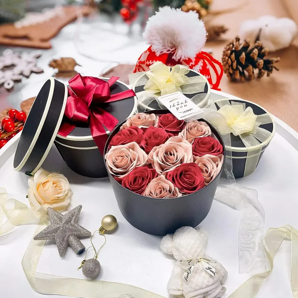 Round Gift Boxes with Lids for Presents, Flowers, Bridesmaid, 4 Pack-Black